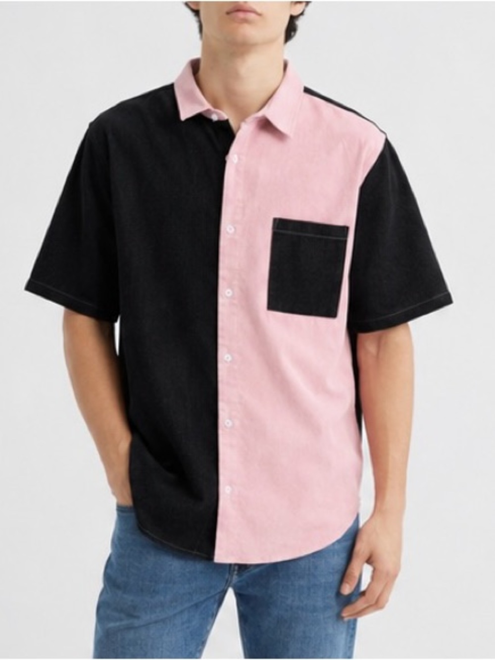 Romwe Corduroy Men's Short-Sleeve Two-Tone Button-Up Shirt - Pink & Black